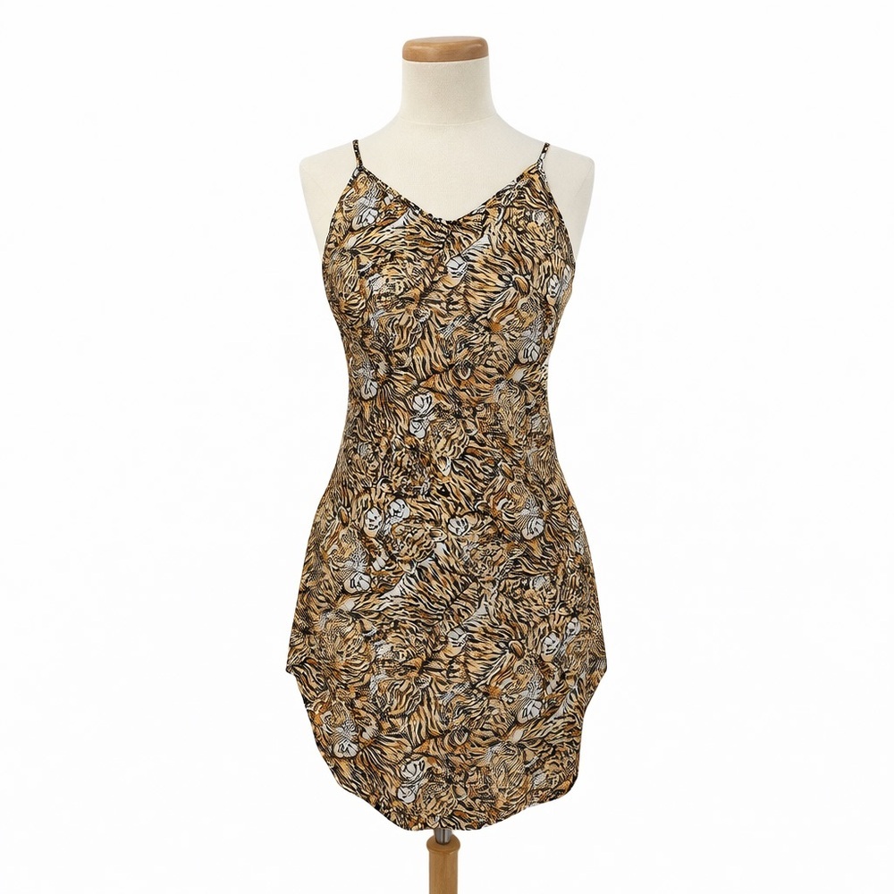 Vintage 90s Tiger Cat Print Short Slip Dress 0007 lingerie brown black silky